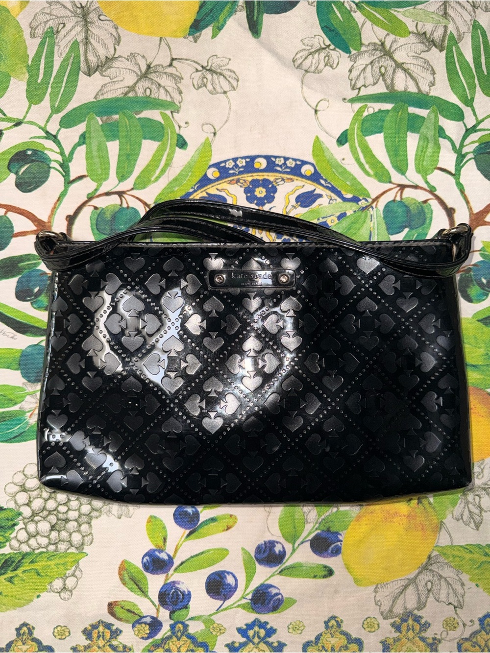 kate spade Black Patent Embossed Shoulder Bag with Card Suit Pattern